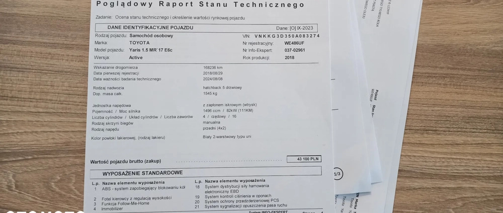Toyota Yaris cena 43000 przebieg: 168900, rok produkcji 2018 z Józefów małe 232